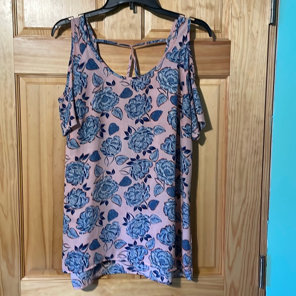 Kut from the Kloth shoulder-less blouse with open back. Red and blue. Medium.